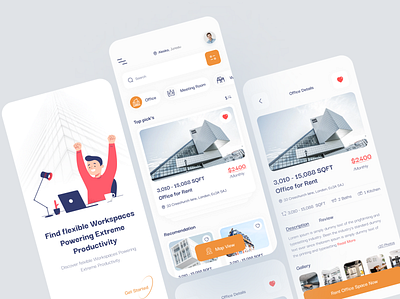 Workspace Rental App booking app clean design clean ui co workspace hotel booking app house booking app mobile app real estate app rent app rental app room booking app space booking ui uiux ux