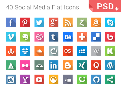 40 Social Media Flat Icons download flat freebie icon icons set long longshadow media minimal photoshop psd shadow social