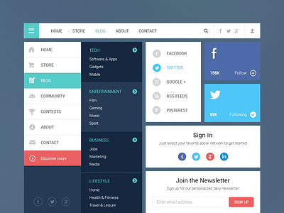 Sneak Peek blog clean facebook flat flat design interface menu social twitter ui ui kit