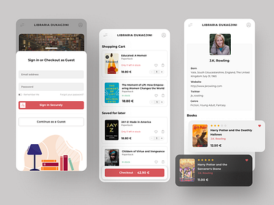 Book Shopping Screens app book store books interaction design interface ios design login mobile app mobile app design mobile ui profile profile page shopping cart ui user experience user interface ux