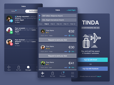 TINDA UX/UI app dark flight login message search send travel trip ui ux wlebovics