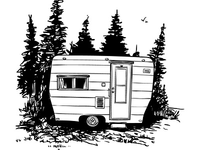 Deep in the woods camper drawing home house illustration illustrator landscape solitude tinyhome trailer trees vector woods