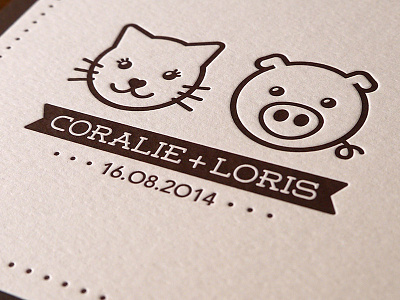 Letterpressed wedding invite brown cat invite letterpress paper pig print ribbon typography