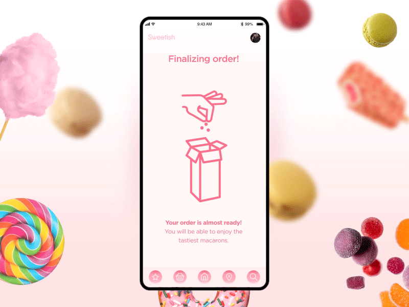 Sweetish / Order ready animation candies concept conceptual design digital dynamic experimental macarons mobile order ordering pack ready smartphone sweet tasty ui uidesign uiux