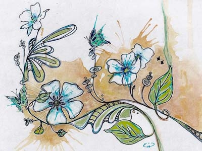 Virginia Poltrack Floral Watercolor butterflies commission doodles floral green orange painting watercolor