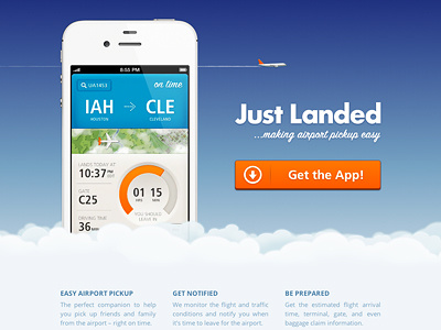 Introducing Just Landed airline airplane clouds css3 html5 ios iphone just landed landing page sky web design website