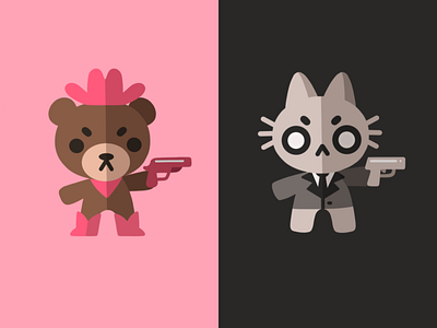 Cute but Violent (1/2) angry animal bear cat character design cowboy design drawing flat illustration graphic design gun illustration men in black pistol secret agent vector