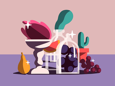 Abstracted Still Life abstract cactus dragon fruit drawing flat illustration glass grapes graphic design illustration pear plum simple still life vector