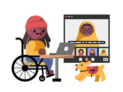 Video Call with a Diverse Cast character design chronic illness conference call disability diversity diversity and inclusion dog drawing dreads hijab illustration service dog vector video call wheelchair zoom