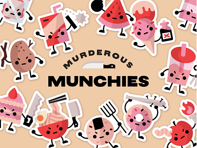 Murderous Munchies apple axe boba bomb cake design donut food graphic design illustration knife milk potato ramen sandwich scissors vector watermelon weapon