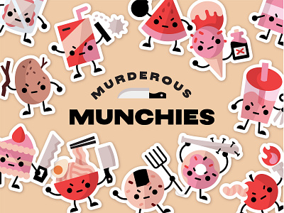 Murderous Munchies apple axe boba bomb cake design donut food graphic design illustration knife milk potato ramen sandwich scissors vector watermelon weapon