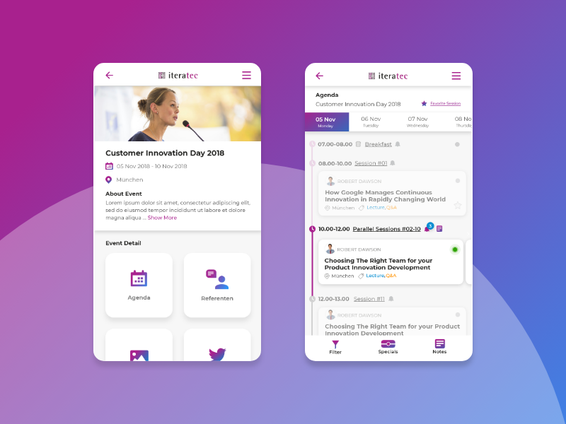 Interactive Conference App contest client work schedule adobe xd adobe blue purple android app conferences app ux ui design