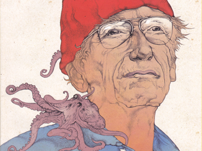 Jacques-Yves Cousteau character cover face graphics illustration magazine octopus paper pencil person portrait poster