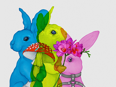 Mixed Rabbits amanita bandage blue flower illustration mushroom pencil pink rabbit realistic yellow