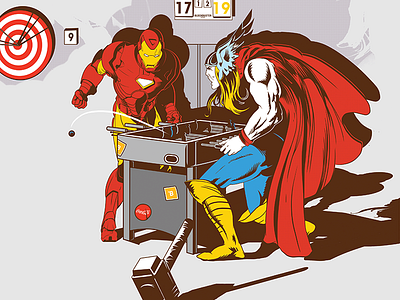 Iron Man & Thor are playing kicker character comic comics dc flat game hero illustration ironman kicker superhero thor