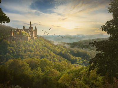 Castle in mountains matte painting photomanipulation photoshop