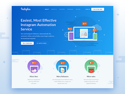 Instaplus creative followers gradient illustration instagram interface landing promo service soft ui ux