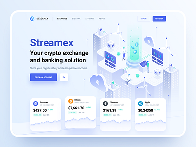 Streamex – Hero block bank banking bitcoin blockchain btc coins crypto cryptocurrency ethereum exchange hero block isometric market platform trading