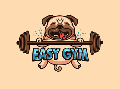 Funny pug, dog logotype with text Easy Gym. Vector illustration animal badge bodybuilding branding character design easy gym flat icon identity illustration illustrator lettering logo muscle pug sport sports logo strong type