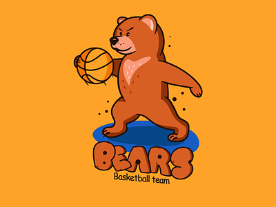 Grizzly bear cub character with ball. Basketball funny logotype