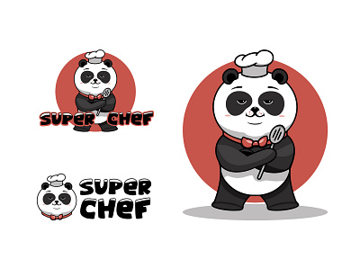 Super chef logo, cooking template. Funny panda character animal cartoon character chef contour cook design flat icon identity illustration kawaii lettering lineart logo panda vector