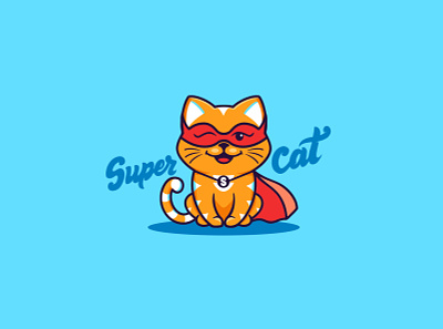 A little cat, logo with text "Super cat". Funny kitty cartoon animal cartoon cat character design flat illustration kawaii kitty lettering lineart little logo superhero vector