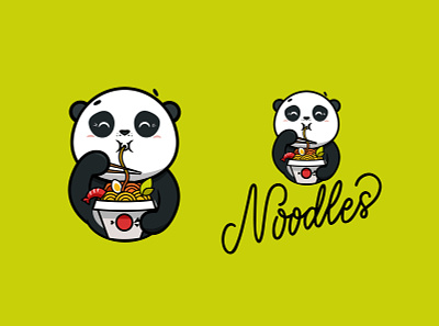 The logo funny panda eats noodles animal brand design cartoon character design eats flat food funny illustration kawaii lettering lettering art lineart logo logotype noodle noodles panda vector
