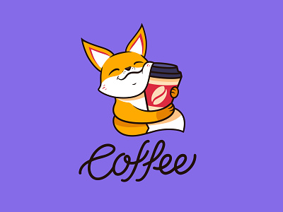 The logo funny fox with coffee animal cartoon character coffee coffeeshop design flat fox foxy illustration kawaii lettering logo logotype set sticker vector