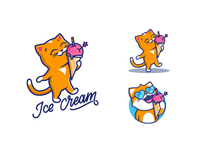 The logo sweet cat with text ice cream animal cartoon cat character design emblem flat food head cat ice cream illustration kawaii kids kitty lettering lineart logo summer sweet vector