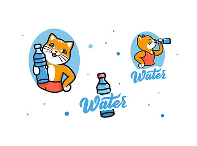 The сute kitty drink water, logo. Logotype cat with lettering, animal cartoon cat character design drink flat healthy illustration kawaii kitty lettering line art logo logotype sport vector water