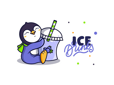 The logo ICE Drink. Logotype penguin with milk cocktail animal cartoon cartoons character cocktail cocktail party design drink flat flatdesign ice illustration kawaii lettering lineart logo logotype milk penguin vector