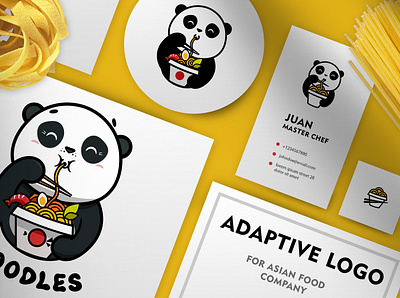 Adaptive logo for asian food, panda eats noodles animal asian branding cartoon character design flat food identity kawaii lettering logo noodles panda typography vermicelli