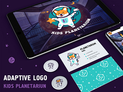 Adaptive logo in space style astronaut astronomy brand design branding cartoon character corgi cosmos design dog flat icon identity illustration kawaii lettering logo space typography vector