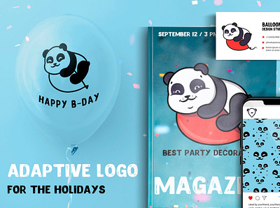 Adaptive logo Happy Holidays adaptive animal balloon branding cartoon character corporate decoration design flat holidays identy illustration lettering logo logotype panda present vector