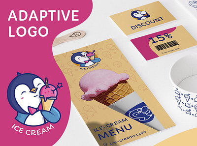 Ice Cream - adaptive logo adaptive design adaptive icon adaptive logo animal branding cartoon character corporate design flat food icecream identity lettering lineart logo logotype penguin vector