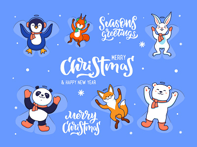 Christmas set, snow angels & animals angel animal cartoon character christmas creative design flat happy holiday card holidays illustration kawaii lettering logo new year set snow vector