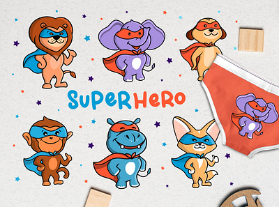 This is a set of Animals who are Super Heroes african animal cartoon character design flat illustration kawaii lettering logo super hero superhero vector