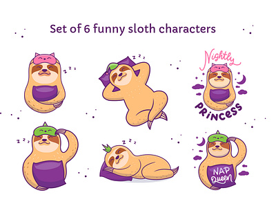 Set of funny Sloth characters animal apparel logo cartoon character cloth design design flat illustration kawaii lettering logo nightlife prince princess sleep sleppy sloth time vector