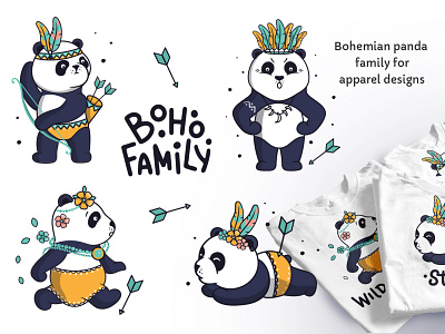 Set of cute family pandas animal apparel design bear bohemian boho cartoon character clothing design design family flat illustration lettering look panda shirt design style vector