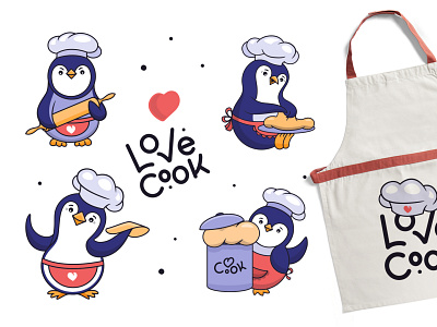 Set of penguins in a cap and apron. Cartoonish animal-chef animal cartoon character chef cook design family flat food illustration kawaii kitchen lettering logo look love penguins set vector