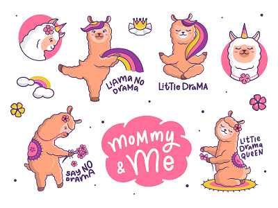 Set of funny llama no drama animal appareldesign cartoon character collection design drama family flat girl illustration lettering llama llamas logo look mommy set shirtdesign vector