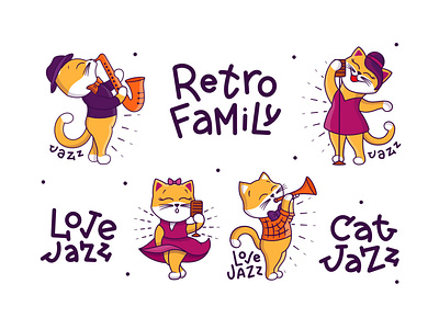 Retro cats. T-Shirt Designs animal cartoon cats character cloth design design family familylook festival flat illustration jazz kawaii kitten kitty lettering logo music shirt design vector