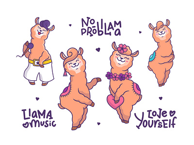 Llama loves you. Apparel designs animal cartoon character design flat illustration kawaii lettering llama llamas logo love music noprobllama set tshirt art vector