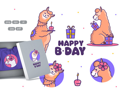 Happy Llamas for cloth desings alpaca animal apparel design birthday cartoon character design family flat illustration kawaii lettering llama llamas logo look t shirt design vector