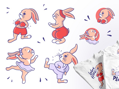 Set of bunnies. T-shirt designs animal bunny cartoon character design designs exercises family flat illustration kawaii lettering logo look rabbit set sport stickers t shirt vector