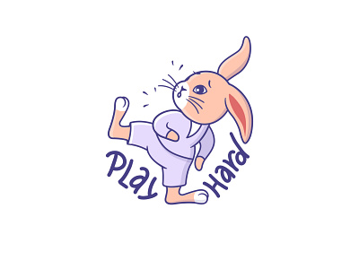 A Little rabbit performs a karate exercise animal boy bunny cartoon character design flat illustration karate karate kid kawaii lettering logo playhard rabbit sport vector