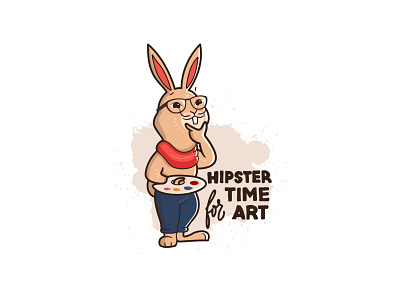 Cartoonish artist rabbit in the scarf animal artist bunny cartoon character design flat hipster illustration kawaii lettering logo rabbit vector vintage