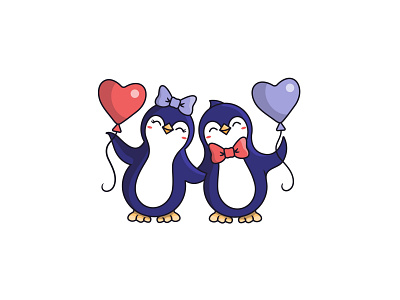 Cartoon penguins hugging and holding hearts