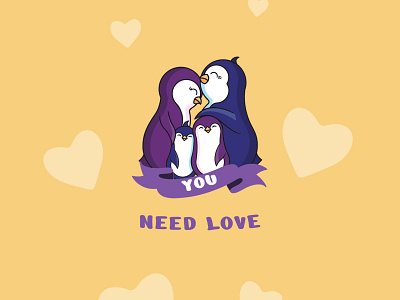 You need love. Digital greeting cards animal card cartoon character design family flat illustration kawaii lettering lineart love penguins postcard poster vector