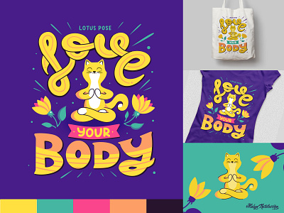 Yoga-cat and Love your body animal branding cartoon cat character composition design flat flat illustration flatdesign illustration kawaii lettering lotus pose posing poster typography vector yoga